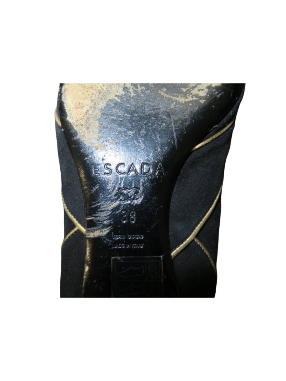 Escada Vintage Black Italian Suede Leather Gold Cone Embellished flats 38 or 8 - Picture 8 of 9